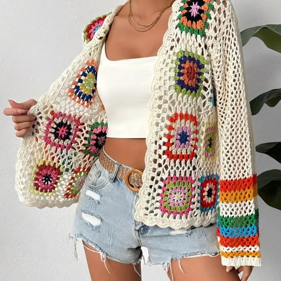 2. Crochet Open Front Cardigan, Long Sleeve Hollow Out Cardigan - Picture 2 of 6